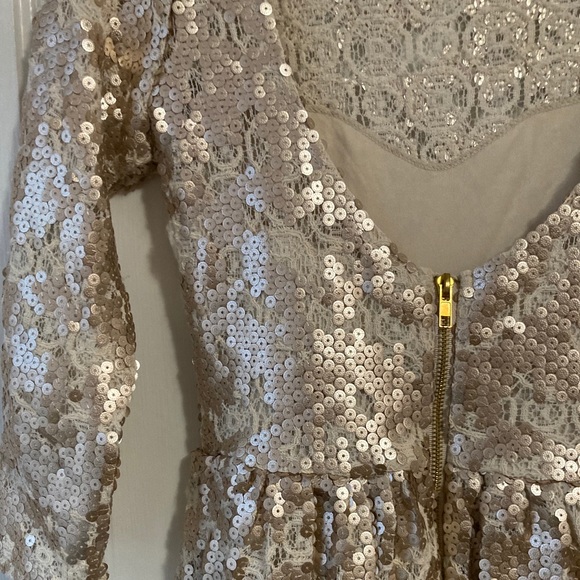 SALE Gold sequin glitter sparkly lace dress holiday engagement bridal cocktail - Picture 2 of 7